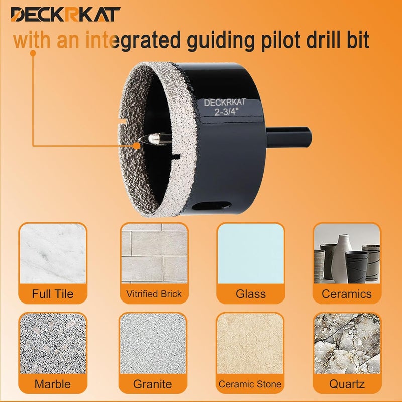 DECKRKAT 2-3/4 inch Diamond Hole-Saw Bits with Pilot Drill Bit -2-3/4" Diamond Tipped Tile Hole Saws with Guiding Bit Accurate Drilling for Porcelain Tile Ceramic Pottery Granite Stone Glass Bottles 70mm - Image 5
